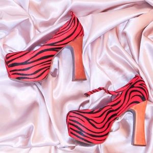 Jeffrey Campbell red zebra striped platform heels